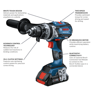 Bosch 18V EC Brushless Connected-Ready Brute Tough 1/2 In. Hammer Drill/Driver Kit with (2) CORE18V 4.0 Ah Compact Batteries