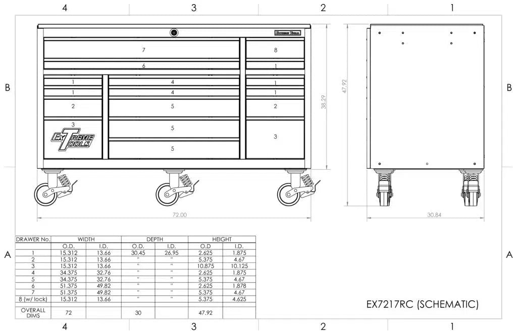 Extreme Tools EXQ Series 72 17-Drawer Professional Triple Bank Roller - Black w/Blue Drawer Pulls