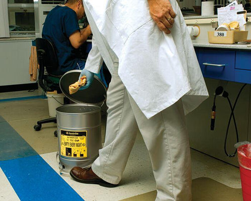 Justrite 6 Gallon, Oily Waste Can, Hands-Free Self-Closing Cover, SoundGard™, Silver - 09104