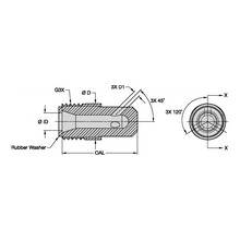 Load image into Gallery viewer, Kennametal T245-43 Angle Tungsten Carbide Blast Nozzle, 1/4" Bore, 3/4" Steel Thread, Triple Outlet - dimension drawing