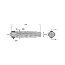 Load image into Gallery viewer, Kennametal SN156-3AP Conventional Long Venturi BP200 SiAlON Blast Nozzle, 3/16" Bore, 1-1/4" Polyurethane Thread - dimension drawing