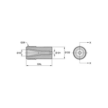 Load image into Gallery viewer, Kennametal T122-7AP Straight Bore Tungsten Carbide Blast Nozzle, 7/16" Bore, 1-1/4" Thread - dimension drawing