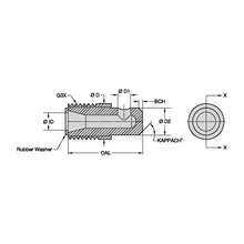 Load image into Gallery viewer, Kennametal T290-3 Angle Tungsten Carbide Blast Nozzle, 3/16" Bore, 3/4" Steel Thread, Single Outlet - dimension drawing