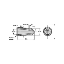 Load image into Gallery viewer, Kennametal T090-4 Single Angle Tungsten Carbide Blast Nozzle, 1/4" Bore, 1-1/4" Brass Thread - dimension drawing