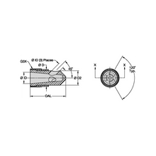 Load image into Gallery viewer, Kennametal T045-33 Triple Angle Tungsten Carbide Blast Nozzle, 3/16" Bore, 1-1/4" Brass Thread - dimension drawing