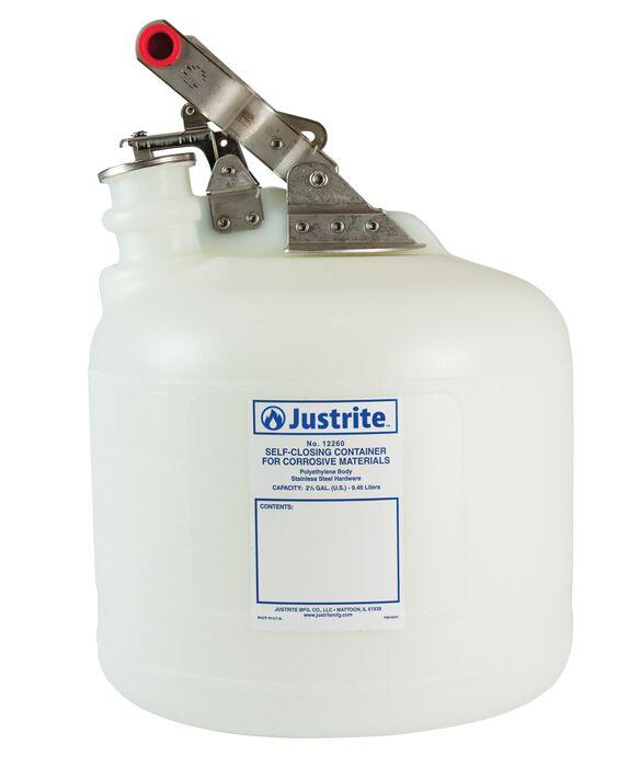 Justrite 2.5 Gallon Polyethylene Safety Container for Corrosives/Acids, Self-Close Cap, White - 12260