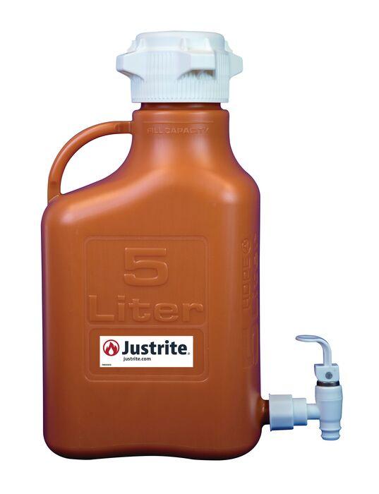 Justrite 5 Liter HDPE Carboy With Spigot, 83mm Cap, Amber - 12924