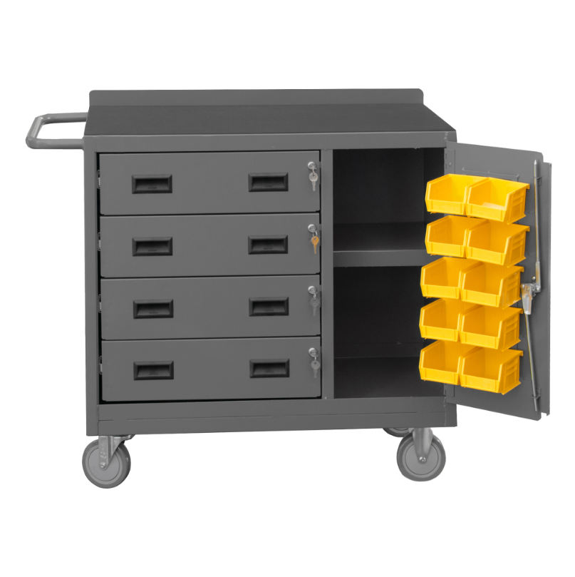 Durham 2211-DLP-RM-10B-95 Mobile Bench Cabinet, 10 Yellow Bins, 18-1/4 X 42-1/8 X 36-3/8