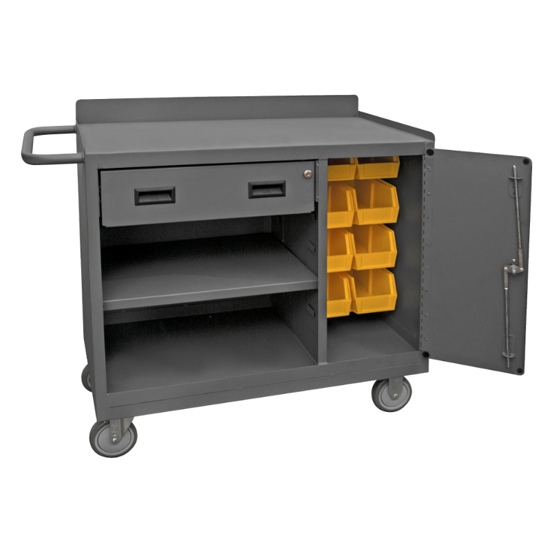 Durham 2212A-BLP-8B-LU-95 Mobile Bench Cabinet, 8 Yellow Bins, 1 Shelf, 1 Drawer, 18-1/4 X 42-1/8 X 36-3/8