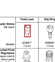 Load image into Gallery viewer, Graco 223627 Fluid Adaptor, Coupler Stem, 200 psi (14 bar) max, Twistlock (f) inlet, 3/8 npsm(m) outlet, SST - highlighted in parts diagram