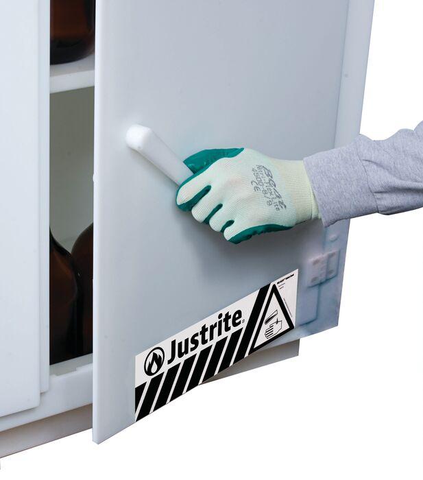 Justrite™ Countertop corrosives/acid safety cabinet, six 2-1/2 L bottles, 1 door, White