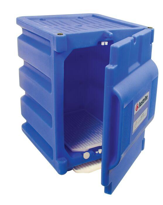 Justrite Hold Two 4-Liter Bottles, 1 Door, Manual Close, Corrosives/Acids Plastic Safety Cabinet, Countertop, Blue - 24080