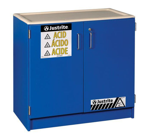 Justrite™ Wood laminate corrosives Undercounter safety cab, thirty-six 2-1/2 L bottles, 2 doors, Blue