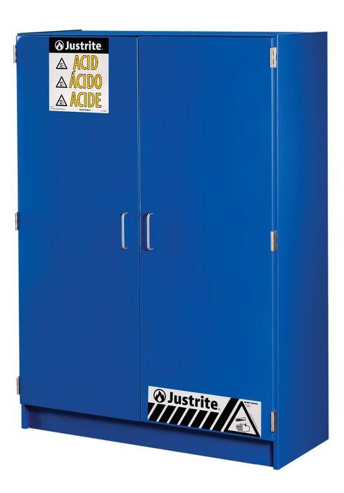 Justrite™ Wood laminate corrosives safety cabinet, forty-nine 2-1/2 liter bottles, 2 doors, Blue