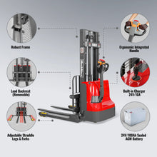 Load image into Gallery viewer, MechMaxx 2640lbs Electric Straddle Stacker, 98" Lift, Adjustable Legs &amp; Forks, F26-98SLA