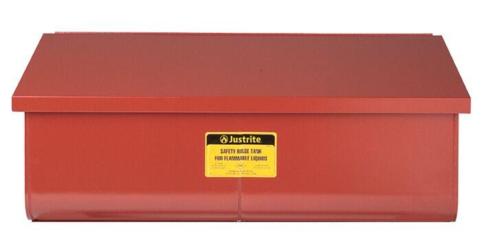 Justrite 22 Gallon Rinse Tank, Benchtop, Lift-And-Latch Cover With Fusible Link, Drain Plug, Steel, Red - 27322