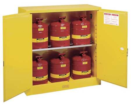 Eagle Flammables Safety Cabinet Combo, 30 Gal. Yellow, 2 Door, Self Close with 6 UI50FS Safety Cans