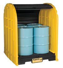 Load image into Gallery viewer, Justrite™ EcoPolyBlend® DrumShed™ with rolltop doors, accommodates 4 drums, optional ramp