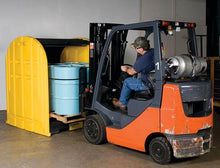 Load image into Gallery viewer, Justrite™ EcoPolyBlend® DrumShed™ with rolltop doors, accommodates 4 drums, optional ramp