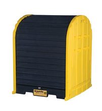Load image into Gallery viewer, Justrite™ EcoPolyBlend® DrumShed™ with rolltop doors, accommodates 4 drums, optional ramp