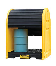Load image into Gallery viewer, Justrite™ EcoPolyBlend® DrumShed™ with rolltop doors, accommodates 4 drums, optional ramp