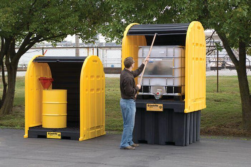 Justrite™ EcoPolyBlend® IBC Outdoor Shed with Pallet, forklift pockets, rolltop doors, 40% recycled