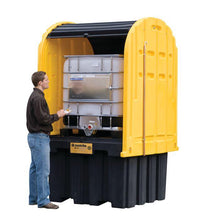 Load image into Gallery viewer, Justrite™ EcoPolyBlend® IBC Outdoor Shed with Pallet, forklift pockets, rolltop doors, 40% recycled