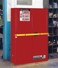 Load image into Gallery viewer, Justrite High Security 45-gal.capacity Flammables Safety Cab w/ Steel Bar - 2 Shelves &amp; 2 Self-Close Doors - Yellow