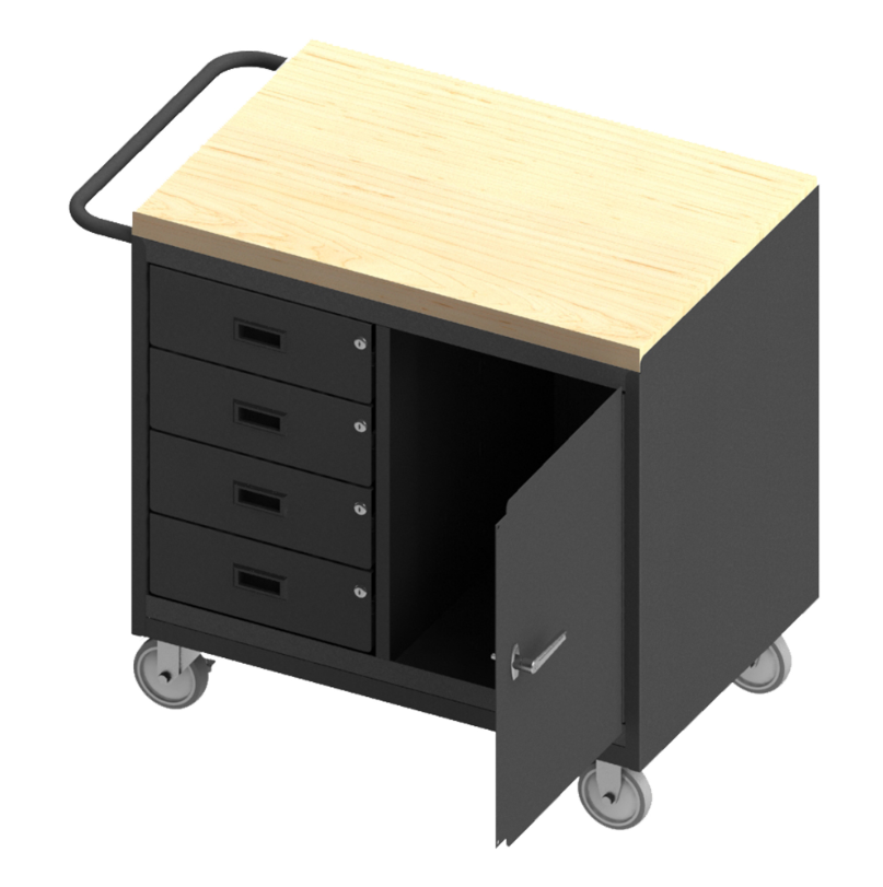 Durham 3121-MT-95 Mobile Bench Cabinet, 4 Drawers, Maple Top, 24-1/4 X 42-1/8 X 37-1/8