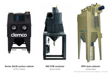 Load image into Gallery viewer, Clemco 32673 Series 36x36 Suction Blast Cabinet, 900 CFM RPH Dust Collector, Steel Media, 230V 3-Phase, IQ PLC Controls — cabinet, reclaimer and dust collector