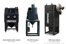 Load image into Gallery viewer, Clemco 32692 Series 40x50 Suction Blast Cabinet, 600 CFM LPDC Dust Collector, Non-Ferrous Media, 115V 1-Phase, IQ PLC Controls — cabinet, reclaimer and dust collector