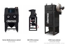 Load image into Gallery viewer, Clemco 32698 Series 40x50 Pressure Blast Cabinet, 600 CFM LPDC Dust Collector, Non-Ferrous Media, 230V 3-Phase, IQ PLC Controls — cabinet, reclaimer and dust collector