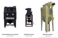 Load image into Gallery viewer, Clemco 32715 Series 40x50 Pressure Blast Cabinet, 600 CFM RPH Dust Collector, Lightweight Media, 115V 1-Phase, IQ PLC Controls — cabinet, reclaimer and dust collector