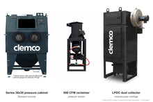 Load image into Gallery viewer, Clemco 32733 Series 36x36 Pressure Blast Cabinet, 600 CFM LPDC Dust Collector, Non-Ferrous Media, 460V 3-Phase — cabinet, reclaimer and dust collector