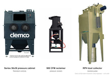 Load image into Gallery viewer, Clemco 32736 Series 36x36 Pressure Blast Cabinet, 900 CFM RPH Dust Collector, Steel Media, 460V 3-Phase — cabinet, reclaimer and dust collector