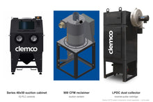 Load image into Gallery viewer, Clemco 33776 Series 40x50 Suction Blast Cabinet, 900 CFM LPDC Dust Collector, Steel Media, 460V 3-Phase, IQ PLC Controls — cabinet, reclaimer and dust collector