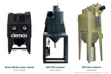 Load image into Gallery viewer, Clemco 33779 Series 40x50 Suction Blast Cabinet, 600 CFM RPH Dust Collector, Non-Ferrous Media, 460V 3-Phase, IQ PLC Controls — cabinet, reclaimer and dust collector