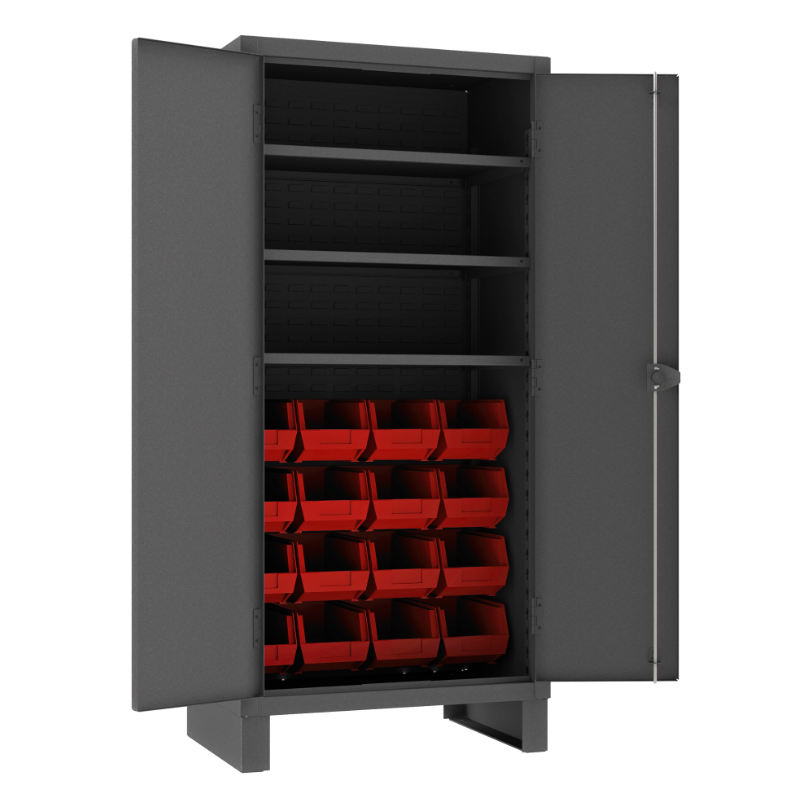 Durham 3702-16-3S-1795 Cabinet, 14 Gauge, 3 Shelves, 16 Red Bins, 36 X 24 X 78