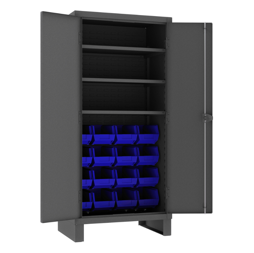 Durham 3702-16-3S-5295 Cabinet, 14 Gauge, 3 Shelves, 16 Blue Bins, 36 X 24 X 78