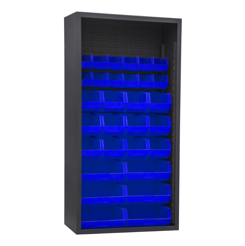 Durham 5003-30-5295 Enclosed Shelving, 12 Gauge, 30 Blue Bins, 36 X 18 X 72