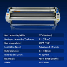 Load image into Gallery viewer, MechMaxx 65" Wide Format Full-Auto Cold &amp; Heat Assisted Pneumatic Laminator Machine with 4 Trimmers, Max Speed 40ft/min, 63" Max Width, 1.1" Max Thickness, Infrared Heating, Digital Control Pneumatic 