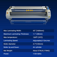 Load image into Gallery viewer, MechMaxx 65" Wide Format Full-Auto Cold &amp; Heat Assisted Pneumatic Laminator Machine with 4 Trimmers, Max Speed 40ft/min, 63" Max Width, 1.1" Max Thickness, Infrared Heating, Digital Control Pneumatic 