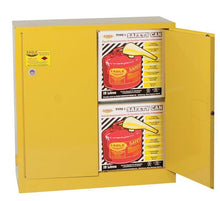 Load image into Gallery viewer, Eagle Flammables Safety Cabinet Combo, 45 Gal. Yellow, 2 Door, Man. Close with 2 UI50FS Safety Cans