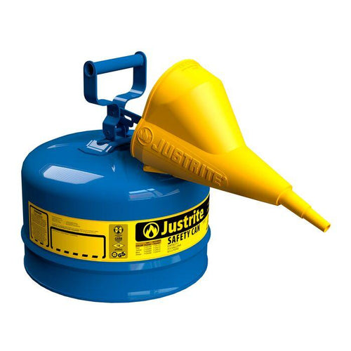 Justrite 2.5 Gallon Steel Safety Can for Kerosene, Type I, Funnel, Flame Arrester, Blue - 7125310