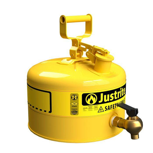 Justrite 2.5 Gallon Steel Safety Can for Laboratories, Type I, Bottom Faucet, Yellow - 7225240