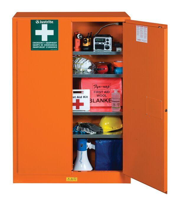 Justrite™ Emergency Preparedness Storage Cabinet, PowerPort™ pass-thru, 4 shelves, 2 keys, Orange
