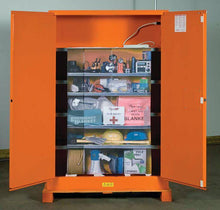 Load image into Gallery viewer, Justrite™ Emergency Preparedness Storage Cabinet, PowerPort™ pass-thru, 4 shelves, 2 keys, Orange