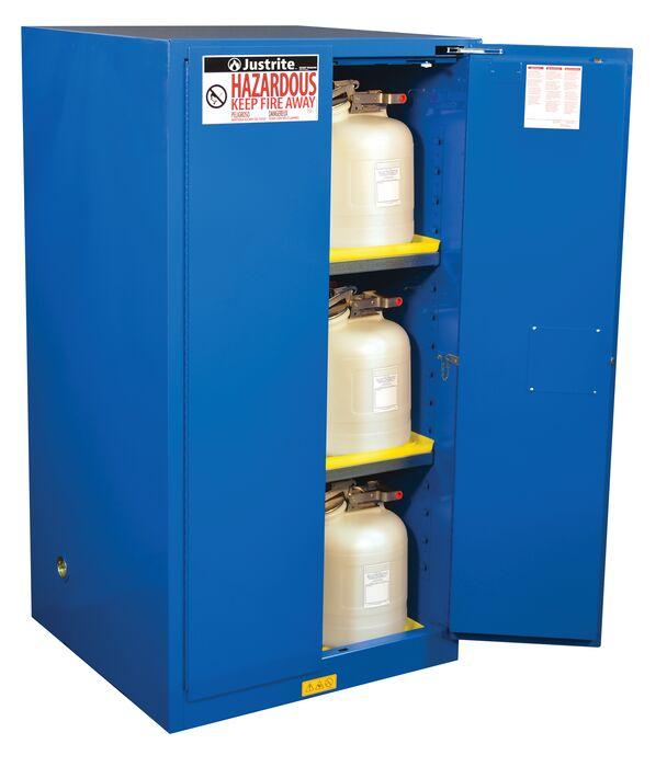 Justrite™ Sure-Grip® EX Hazardous Material Safety Cab., 60 Gal., 2 shelves, 2 s/c doors, Royal Blue