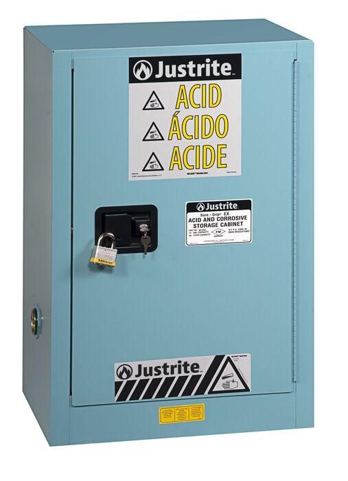 Justrite™ ChemCor® Under Fume Hood Corrosives/Acids Safety Cab, 15 Gal., 1 m/c Right door, Blue
