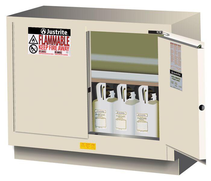 Justrite 31 Gallon, 1 Shelf, 2 Doors, Self Close, Flammable Cabinet, Sure-Grip® EX Under Fume Hood, Light Neutral - 884827